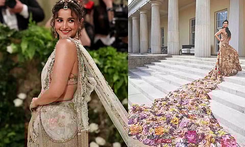 Alia Bhatt (L) Isha Ambani (R) pose in their Met Gala outfits 