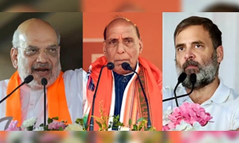 Union Home Minister Amit Shah, Defence Minister Rajnath Singh, and Congress leader Rahul Gandhi(Image: IANS) 