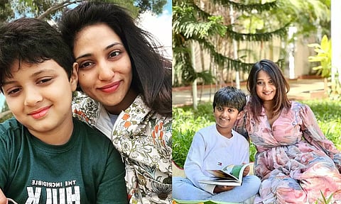 (L) Deepti Akki, serial fitness entrepreneur and real estate consultant, with her son; Fashion designer Shilpa Vummiti with her son (R)