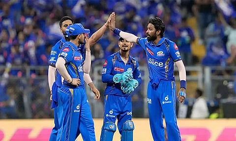 MI skipper Hardik Pandya with his teammates. (ANI)