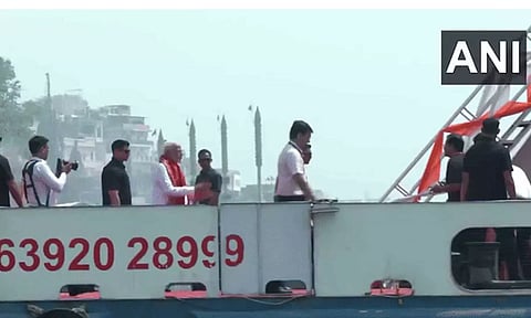 Prime Minister Narendra Modi boards a cruise ship at Dasaswamedh Ghat (ANI)