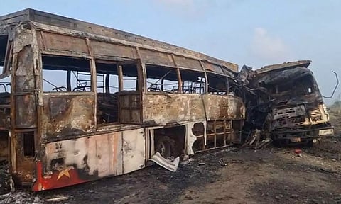 Six people were killed in bus-lorry collision in Palnadu district. (ANI)