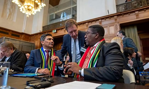 Talk prior to the start of hearings at the International Court of Justice, in The Hague (Image : AP)