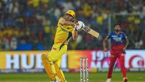 Chennai Super Kings batter MS Dhoni plays a shot during the Indian Premier League (IPL) 2024 cricket match between Royal Challengers Bengaluru and Chennai Super Kings, at M Chinnaswamy Stadium in Bengaluru, Saturday (Photo/PTI)