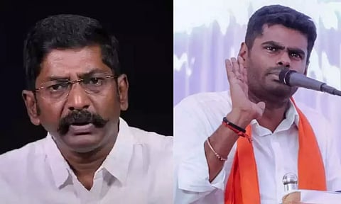 Savukku Shankar (L), TN BJP President Annamalai (R)