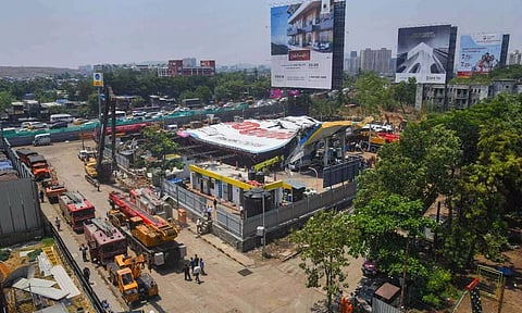 Rescue and relief work underway near the site of the hoarding collapse at Ghatkopar (PTI)