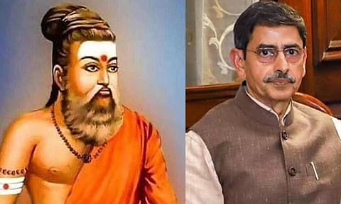 (L-R) Thiruvalluvar in saffron, Tamil Nadu Governor R N Ravi