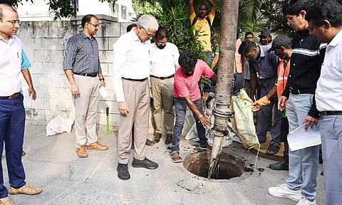 Chief Secretary Shiv Das Meena, during a recent inspection of ongoing rainwater drainage works in Thiagaraya Nagar, accompanied by Corporation Commissioner Radhakrishnan and officials