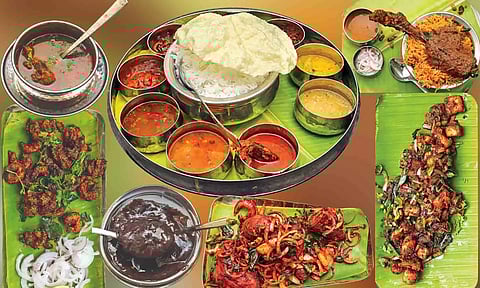 (L to R) Nenju elumbu rasam, Prawn kurumilagu,Karuppu kavuni arisi halwa, Nagercoil kozhi porippu, Seafood meals, Nalli biryani and Idicha milagu paneer peratal (Photo: Hemanathan.M)