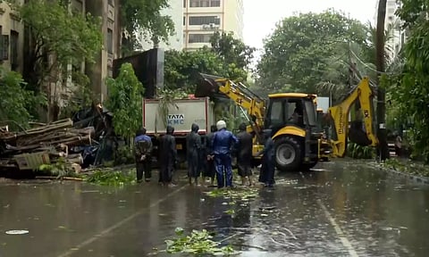Disaster response force personnel remove uprooted trees from a road after the landfall of Cyclone 'Remal', in Kolkata (PTI)
