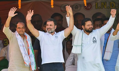 Congress leader Rahul Gandhi with INDIA alliance (Congress) candidate Anshul Avijit during a public meeting for Lok Sabha polls, at Khusrupur, in Patna (PTI)