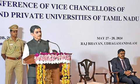 Governor RN Ravi addressing the Vice-Chancellors’ conference in Udhagamandalam on Monday