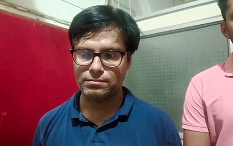Dhaval Thakkar, the main accused in the Rajkot TRP game zone fire incident, after he was arrested by the Rajkot police and Banaskantha Local Crime Branch police from Abu Road in Rajasthan. (PTI Photo)