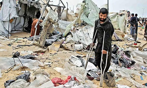 A tent camp damaged in an Israeli strike in Rafah