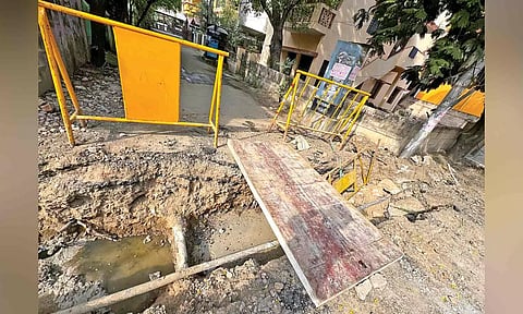 The trench dug up on Dr Ambedhkar Salai in Madipakkam