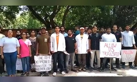 Medical students from Ukraine protesting at Jantar Mantar seeking exemption from FMG examination (file)