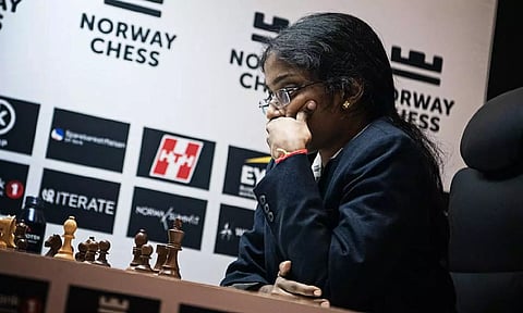R Vaishali in action during Norway Chess tournament 