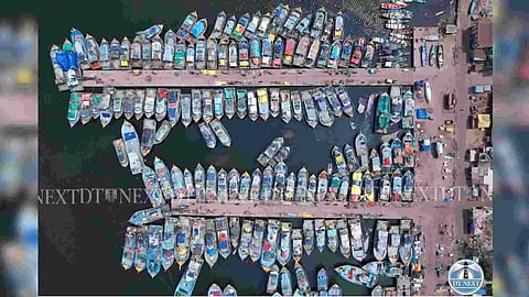 An aerial view of the Kasimedu fishing harbour shows dozens of boats anchored due to annual fishing ban on the east coast. The ban, which will begin on April 15, is ending on June 14 (Photo/ Manivasagan N)