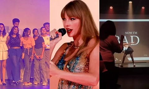 L-R: Attendees at the Taylor Swift sing-along tribute event; popstar Taylor Swift; artist Dhaya performs songs by Taylor Swift. (Photos | Fedora Roberts/AP/Instagram)