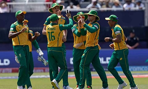 South Africa players celebrates after a wicket (PTI)