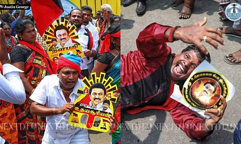 DMK supporters in Chennai rejoice as the party takes the lead in a majority of the seats in the state in early trends on June 4. (Photos | Justin George)
