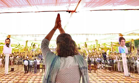 Congress General Secretary Priyanka Gandhi during a public meeting for Lok Sabha elections (PTI)