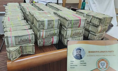 The seized cash (inset) ID proof of the BJP cadre 