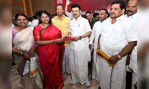Kanimozhi and other new MPs of DMK met party president and CM MK Stalin in Chennai on Thursday.