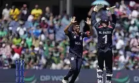 United States' Noshtush Kenjige celebrates against Pakistan