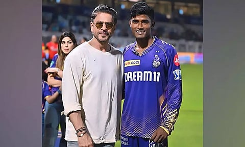 Kolkata Knight Riders player Sakib Hussain with Shah Rukh Khan (Image: KKR Vibe/X)