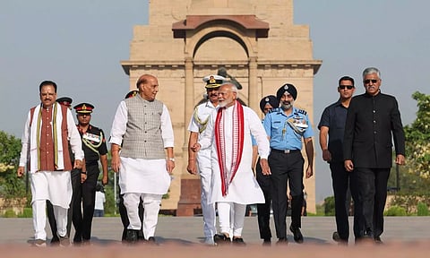 Prime Minister-designate Narendra Modi arrives to pay tribute at the National War Memorial, ahead of his swearing-in ceremony as prime minister for the third consecutive term (PTI)