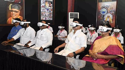 Chief Minister MK Stalin and his wife Durga Stalin watching a Virtual Reality show on DMK patriarch M Karunanidhi at a photo expo in Chennai on Sunday.