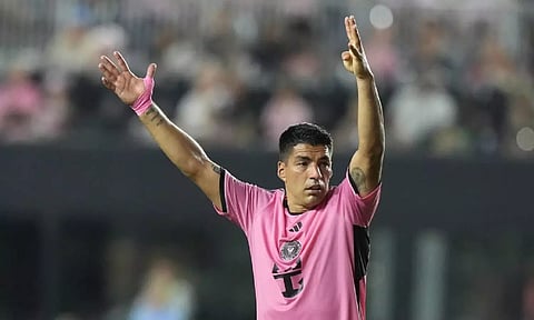 Inter Miami forward Luis Suárez reacts during the second half of an MLS soccer match against Atlanta United Wednesday