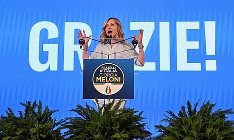 Italy's Prime Minister Giorgia Meloni speaks following the announcement of the partial results of the European Parliament elections, in Rome (Reuters) 