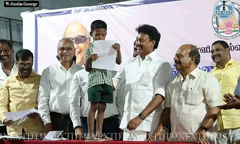 Education Minister Anbil Mahesh Poyyamozhi distributed free books to the students of AJS Nidhi HSS, Alandur (Photo credit: Justin George)