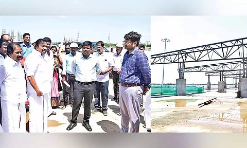 Minister KN Nehru inspecting the IBT (right) construction at Panchapur in Tiruchy on Monday