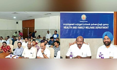 Health Minister Ma Subramanian chairing a meeting of medical colleges regarding admissions in Chennai on Monday