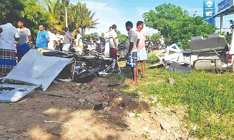 Mangled remains of the van and boys who died in the mishap at Namakkal