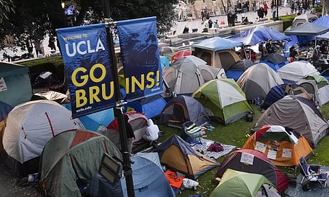  Tents are placed on an encampment on the UCLA campus after clashes between pro-Israel and pro-Palestinian groups