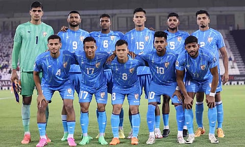 Indian football team pose for photo before a FIFA World Cup 2026 Qualifier football match between India and Qtar (Photo/PTI)