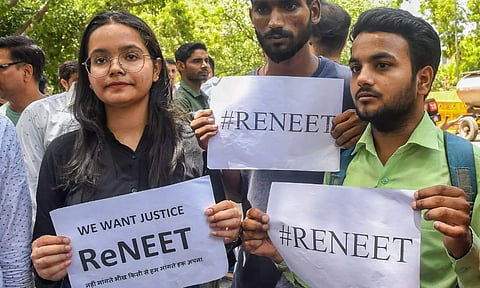 NSUI members stage a protest demanding re-examination of NEET-UG Entrance Exam 2024 (PTI)
