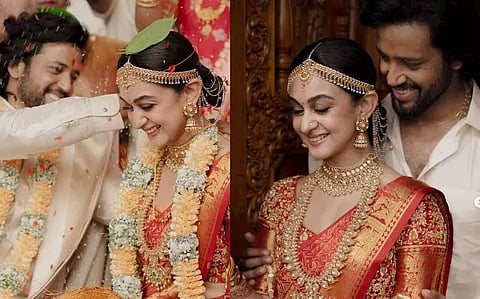 Actors Aishwarya Arjun and Umapathy Ramaiah from their wedding in Chennai on June 11, 2024.