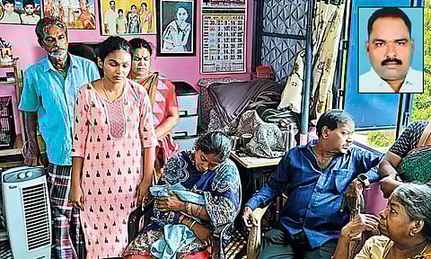 Hemakumari, the widow of Sivasankar (inset), and family members at their house in Royapuram