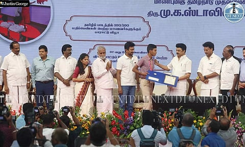 Chief Minister Stalin with other ministers and officials at a state education department event in Chennai on Friday. (Photo: Justin George)
