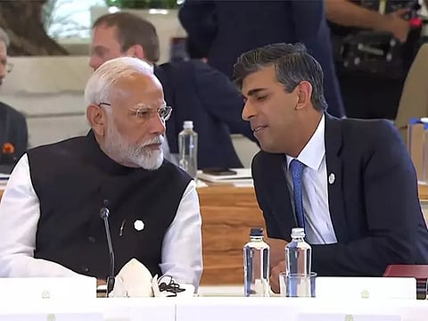 Prime Minister Narendra Modi with UK PM Rishi Sunak at G7 Outreach Session in Italy on Friday (Photo/ANI)