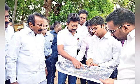 Minister for Youth Welfare and Sports Development Udhayanidhi Stalin takes a look at the draft plan on cricket stadium 