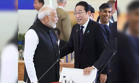 Prime Minister Narendra Modi with Japan's Prime Minister Fumio Kishida and UK Prime Minister Rishi Sunak during G7 Summit (PTI)