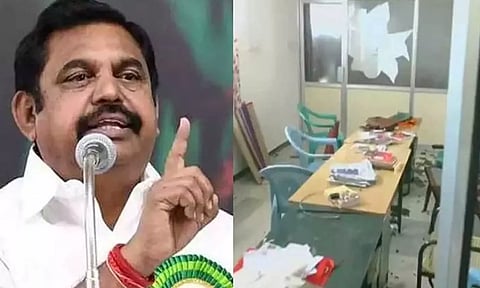(L-R) AIADMK general secretary Edappadi K Palaniswami, Visuals of Tirunelveli CPM office (Photo: Daily Thanthi)