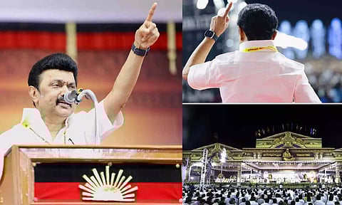 CM Stalin speaking at the Mupperum Vizha celebration organized in Coimbatore (X)