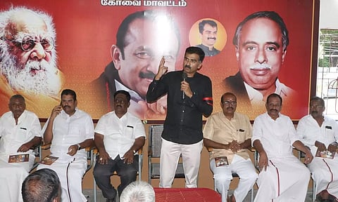 MDMK leader Durai Vaiko addressing party functionaries in Coimbatore on Saturday